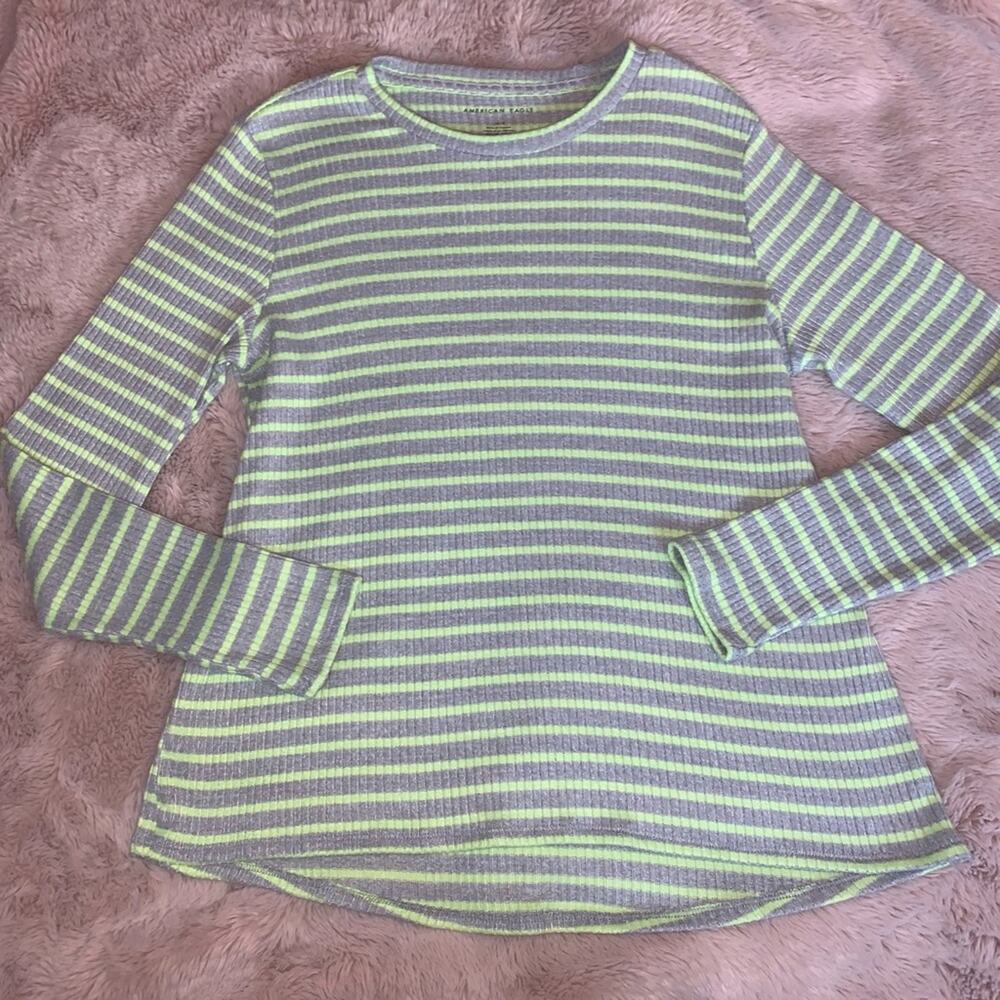 American Eagle Gray & Neon Striped Ribbed Cozy Soft Sweater Large